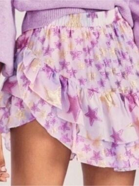 Love shack fancy Lavender Star Print Ruffle Mini Skirt. NWT